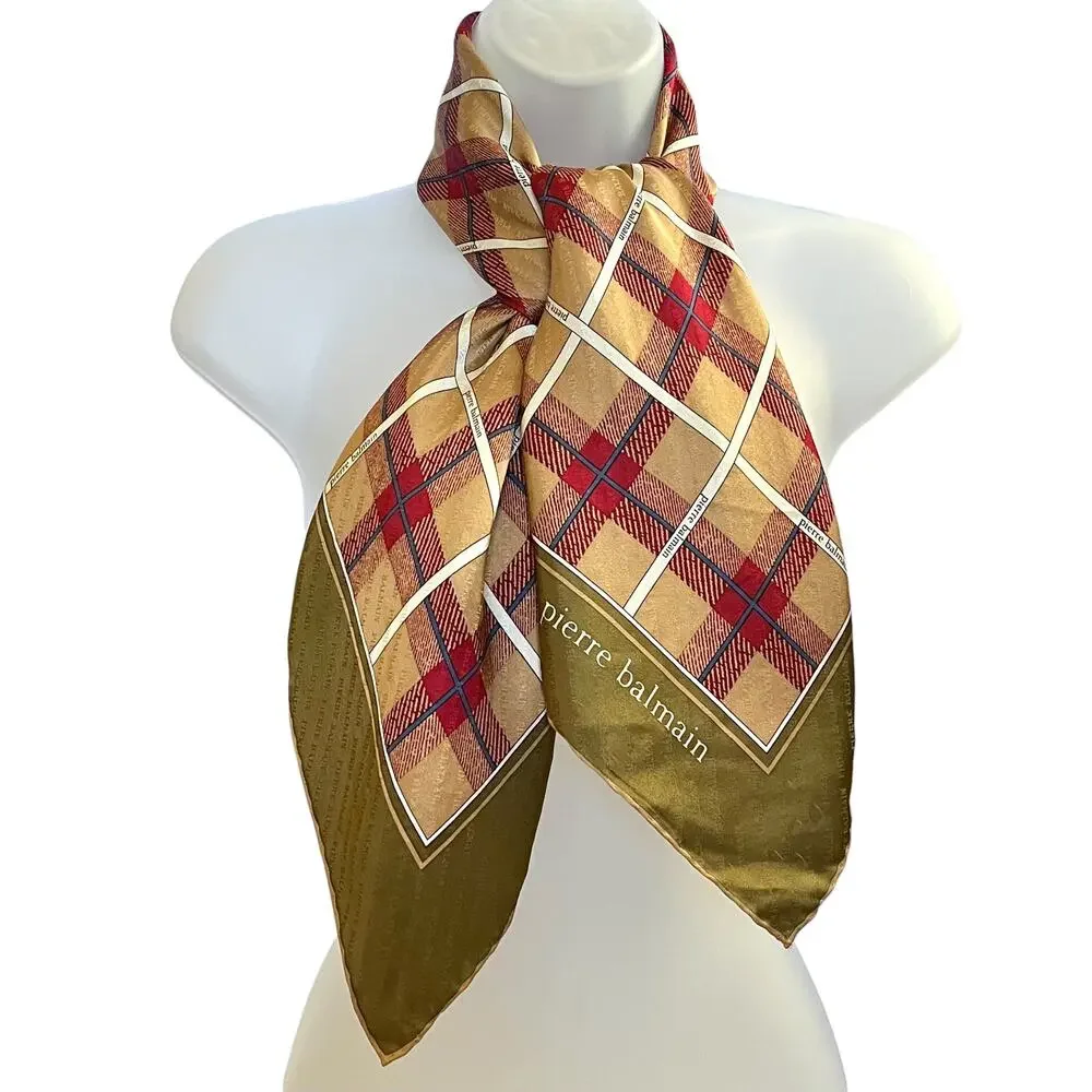 Vintage Pierre Balmain Jacquard Silk Tartan Plaid Print Square Scarf 31